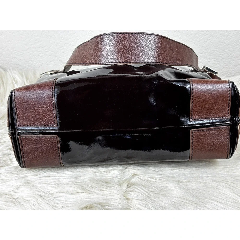 Kate Spade Patent Leather Satchel Black‎ Brown Trim Gold Tote Designer Chic Bag